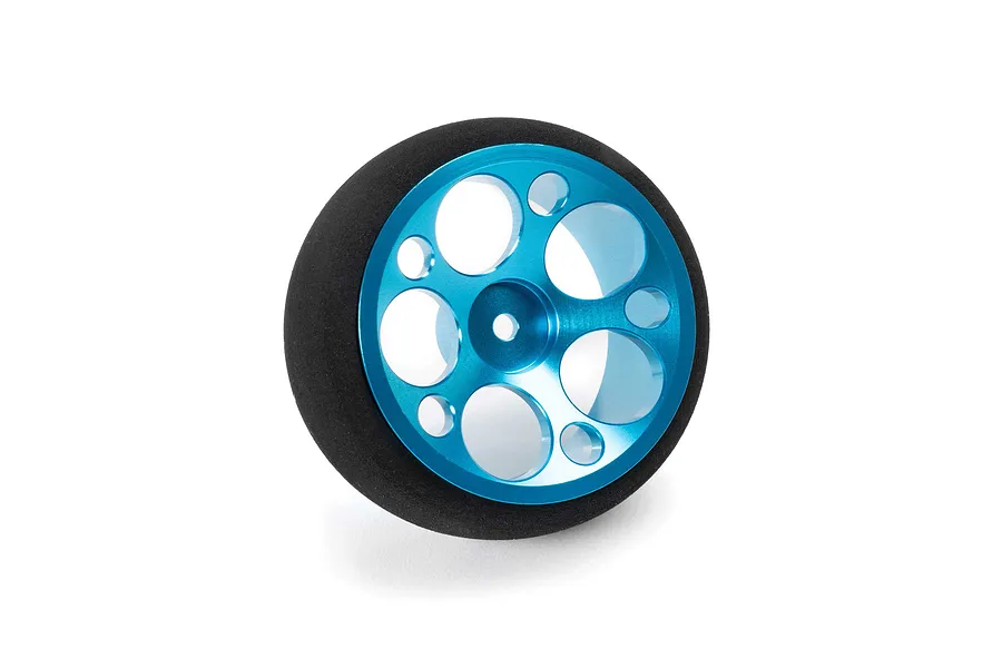 Spektrum wide aluminium wheel with a blue circle design and black foam tire on a white background.
