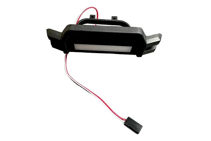 Black plastic MJX RC front bumper spare part featuring an integrated white LED light bar and attached wiring harness with connector.