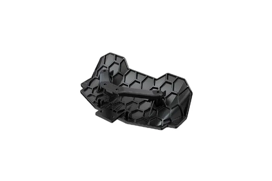 Black plastic MJX RC rear bumper with a honeycomb textured surface isolated on a white background.