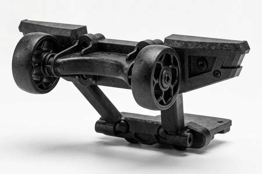 Studio shot of a black MJX RC rear bumper with integrated twin wheelie bar on a clean white background.