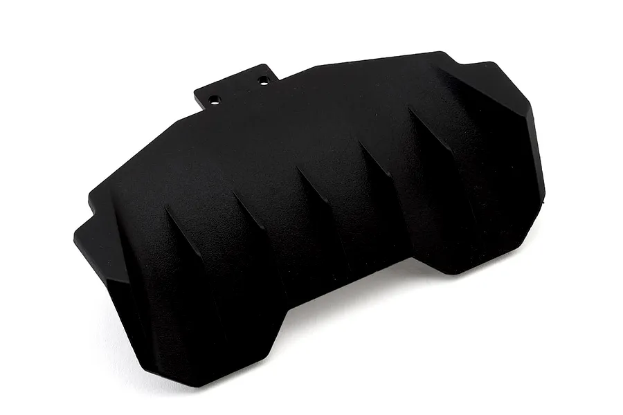Black plastic RC rear bumper part with aerodynamic diffuser fins against a plain white background.