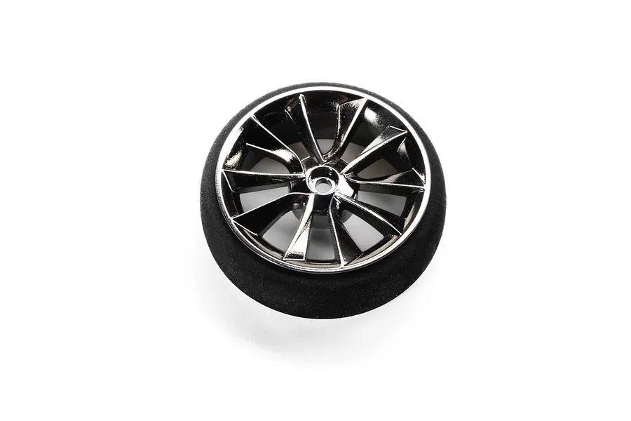 Spektrum 45mm IXSR replacement transmitter wheel featuring a shiny dark chrome rim and black foam outer tire against a clean white background.