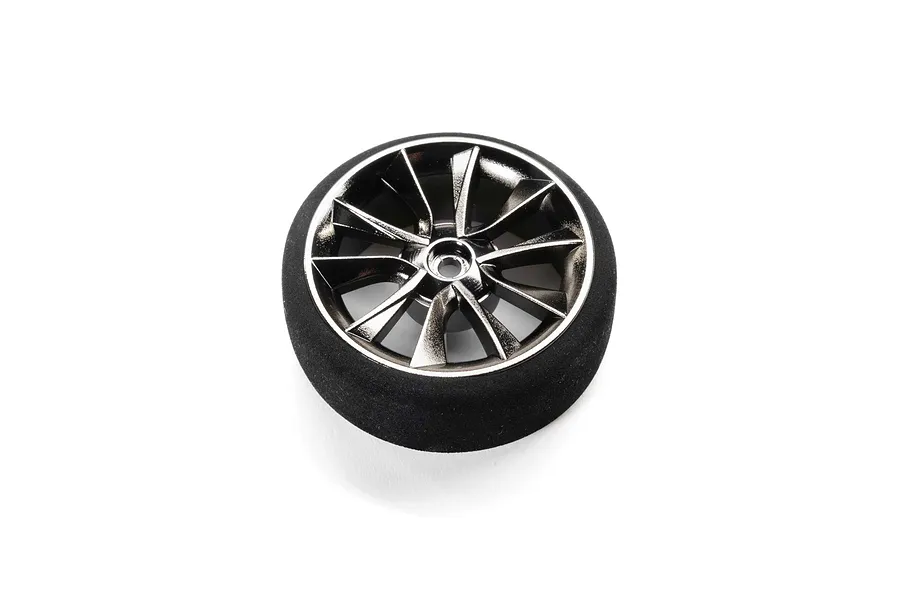 Spektrum 41mm IXSR replacement transmitter wheel with a dark metallic multi-spoke rim and black foam tire against a white background.
