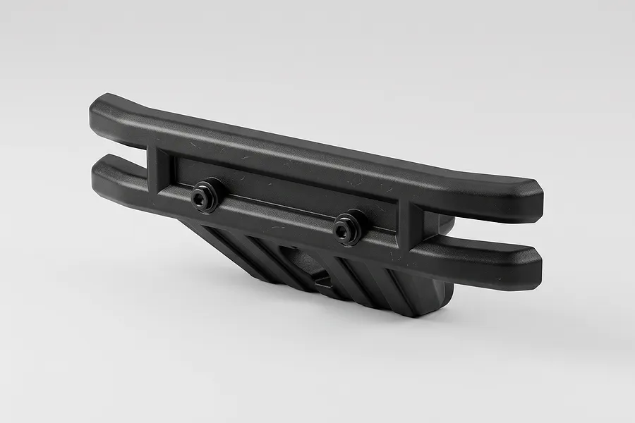 Studio product shot of an MJX RC black plastic rear bumper featuring two mounted hex screws against a plain light gray background.