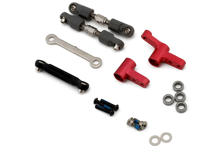 Top-down view of an MJX RC steering bell crank and drag link assembly upgrade kit with red aluminum parts, turnbuckles, bearings, and screws.