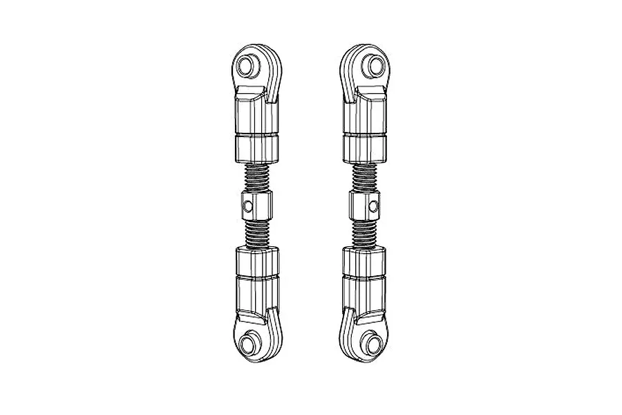 Black and white technical line drawing of two adjustable RC steering tie rods with ball joints on both ends.