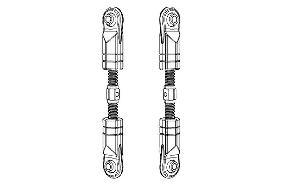 Black and white technical line drawing of two MJX RC turnbuckles featuring threaded rods and ball ends.