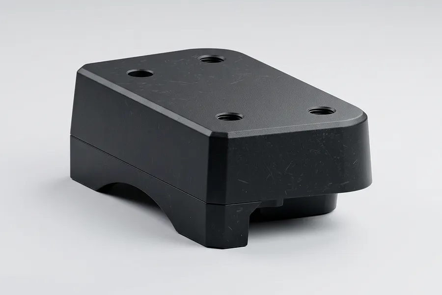 Black plastic MJX RC gearbox cover shown from an angle against a neutral white studio background.