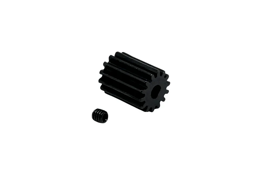 Studio product shot of a black metal RC pinion gear and grub screw on a clean white background.