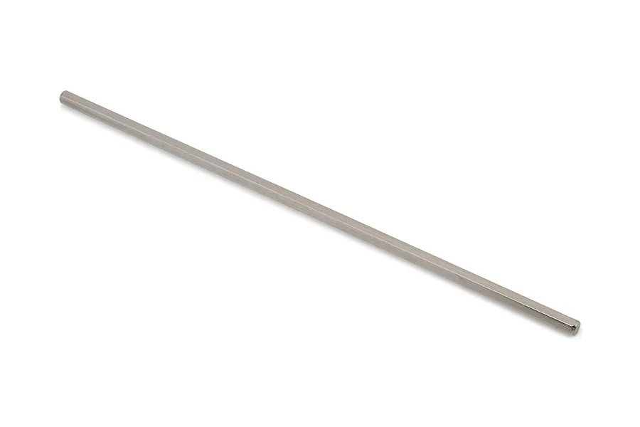 A silver-coloured metal center driveshaft shown diagonally on a plain white background.