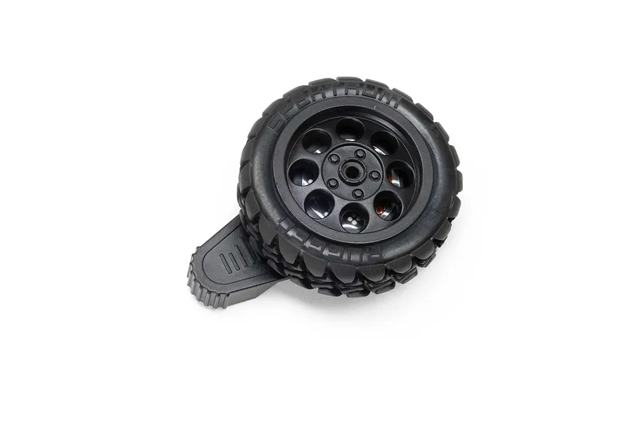 Spektrum Rugged Transmitter Wheel with Thumb Steer featuring a black rubber tyre and multi-spoke wheel against a white background.