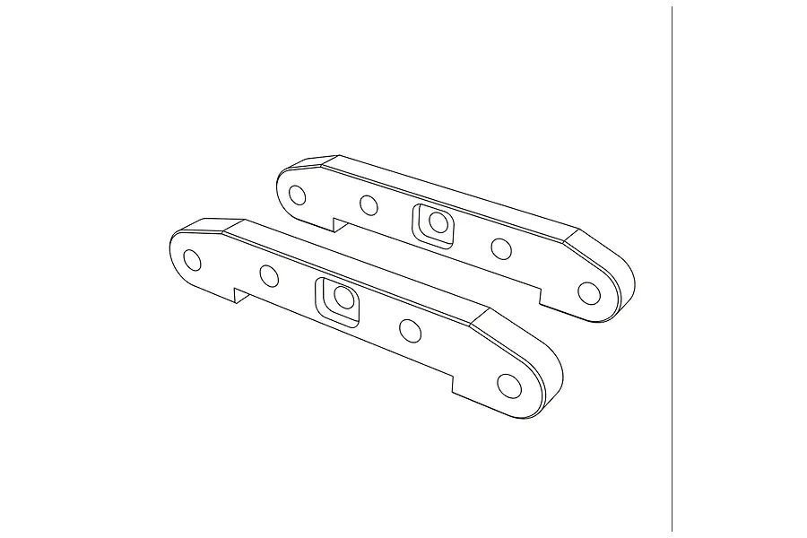 Line drawing of two MJX RC suspension arm pin braces with mounting holes against a white background.