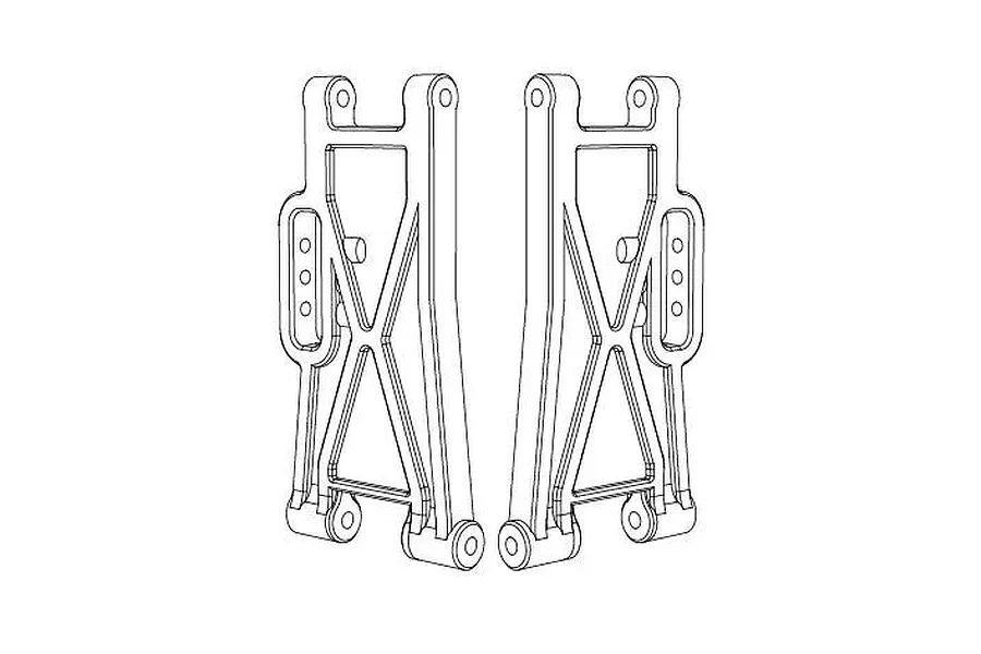 Black and white technical line drawing of two RC rear lower suspension arms facing each other.