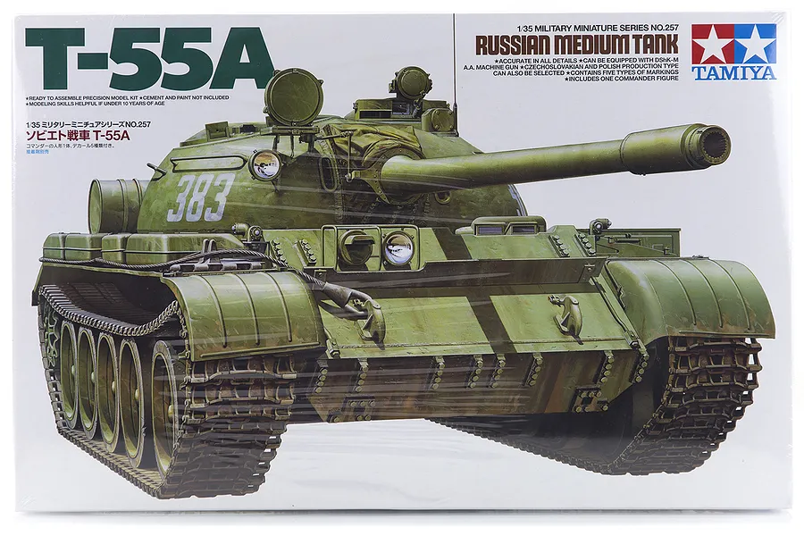 Tamiya 1/35 scale Russian T-55A medium tank plastic model kit box art showing a green tank with the number 383 on the turret.