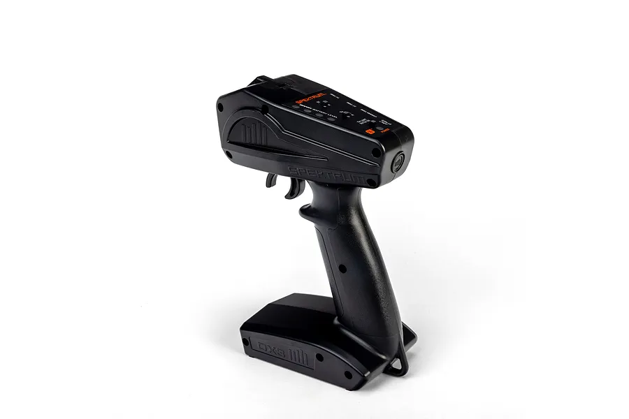 Spektrum DX3 Smart DSMR 2.4GHz RC transmitter viewed from the rear three-quarter angle against a plain white background.