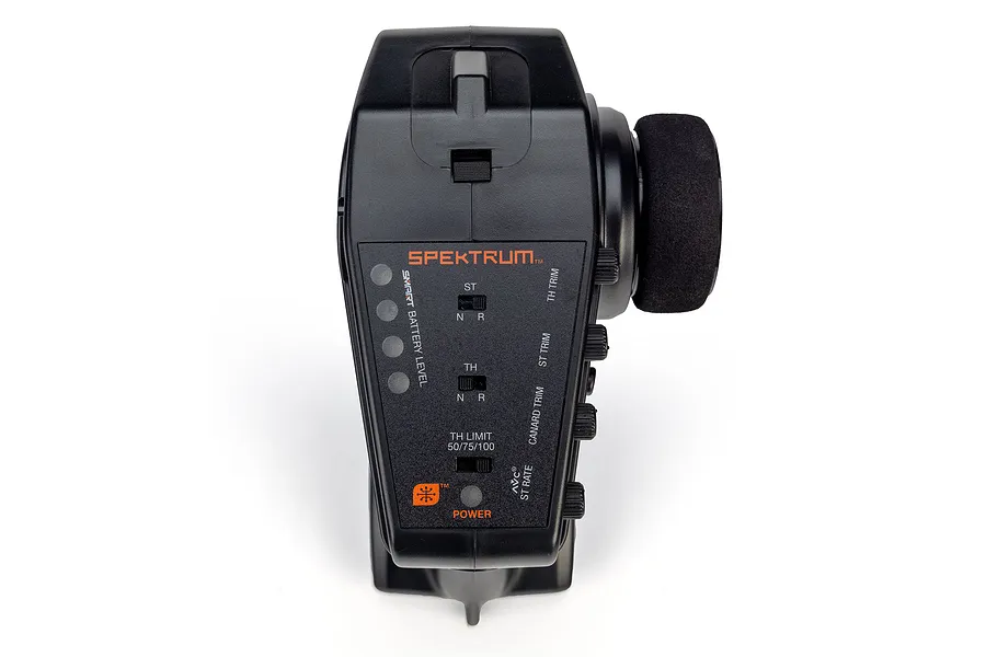 Top-down view of the Spektrum DX3 Smart transmitter showing the control panel, power button, and steering wheel.