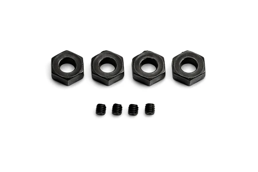 Four black metal wheel hexes and four matching grub screws arranged on a clean white background.