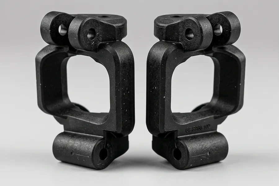 Two black plastic RC car C-hub carriers displayed side by side against a clean light grey studio background.