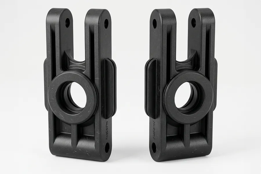 Studio shot of two black plastic rear hub components for MJX RC vehicles against a white background.