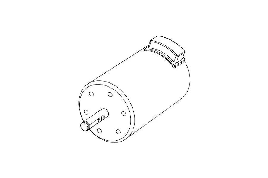 Line art diagram showing an isometric view of a cylindrical electric RC motor with a front output shaft and a top connector housing.