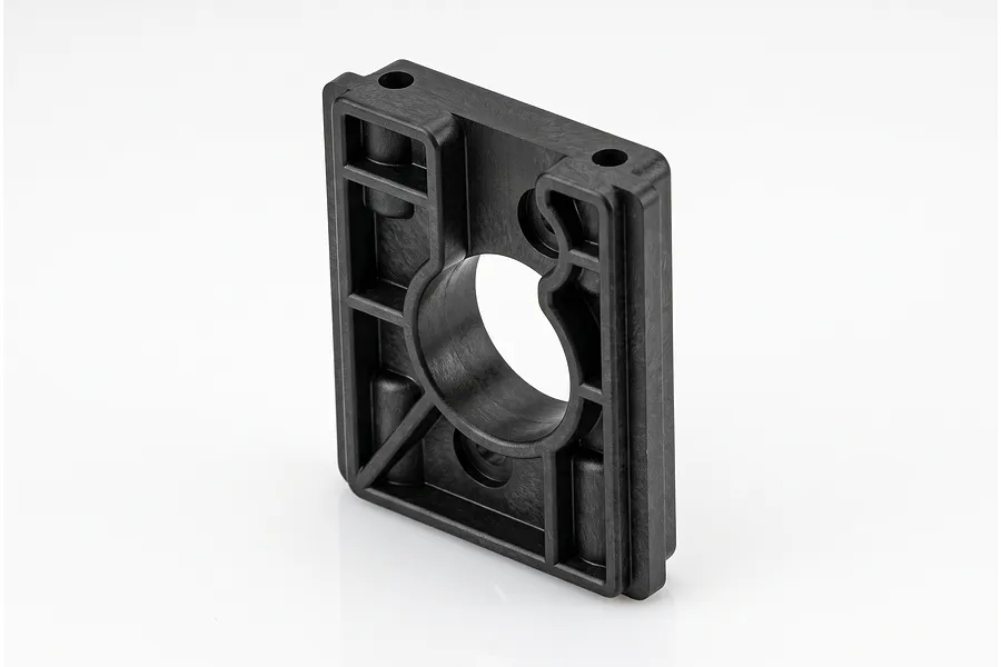 Black plastic motor plate for MJX RC vehicle featuring structural ribbing and a central opening on a white background.