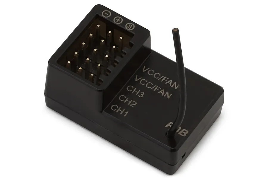 MJX RC R3B receiver unit featuring black plastic housing, pin headers, channel labels, and an attached wire antenna.