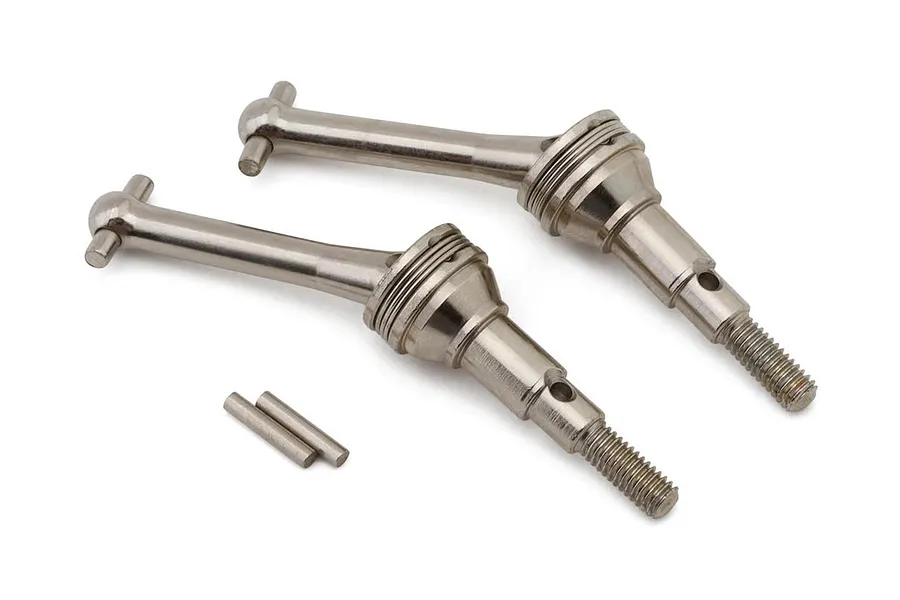 Two shiny metal rear CVD driveshafts with two small pins displayed on a clean white background.