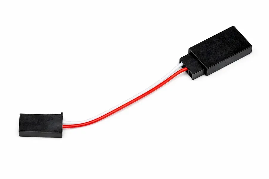 A short wiring cable with two black connectors and a red and white wire on a plain white background.
