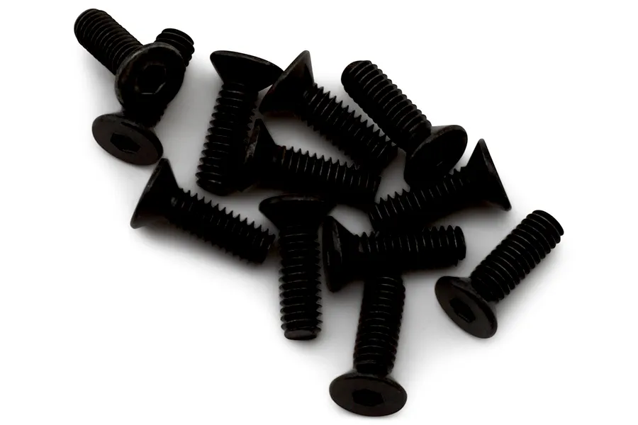 A cluster of black countersunk socket head screws shown against a plain white background.