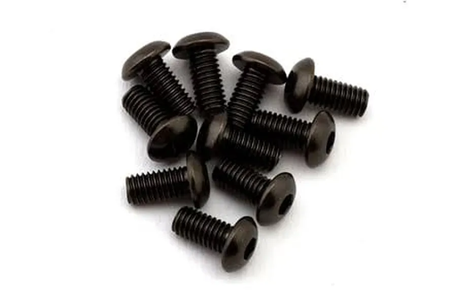 A close-up studio shot of a pile of dark metal button head screws with hex sockets against a clean white background.