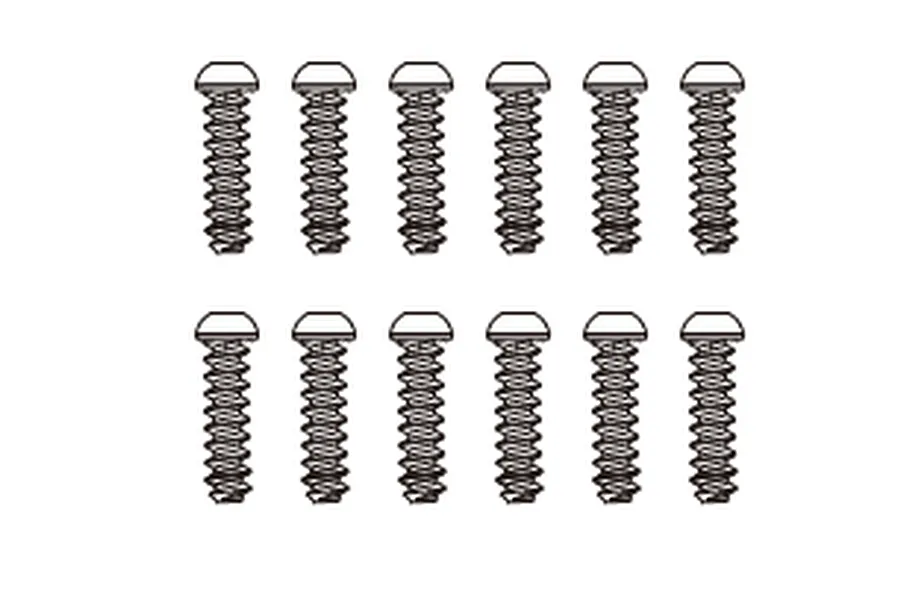 Twelve metal button head screws with coarse threads arranged in two rows of six on a plain white background.