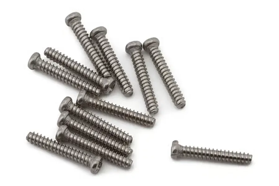 A cluster of twelve silver metal button head screws with coarse threading, laid out on a plain white background.