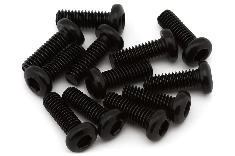 Close-up studio shot of a pile of black button head hex screws against a plain white background.