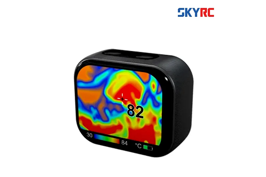 SkyRC ITV500 Mini Heatvision Thermal Imaging Tool featuring a color thermal display screen showing a temperature reading of 82 degrees.