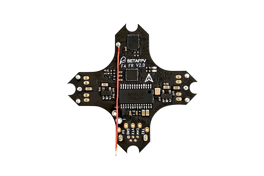 BetaFPV F4 Brushless Flight Controller circuit board with black PCB, surface-mount components, and attached red wire antenna.