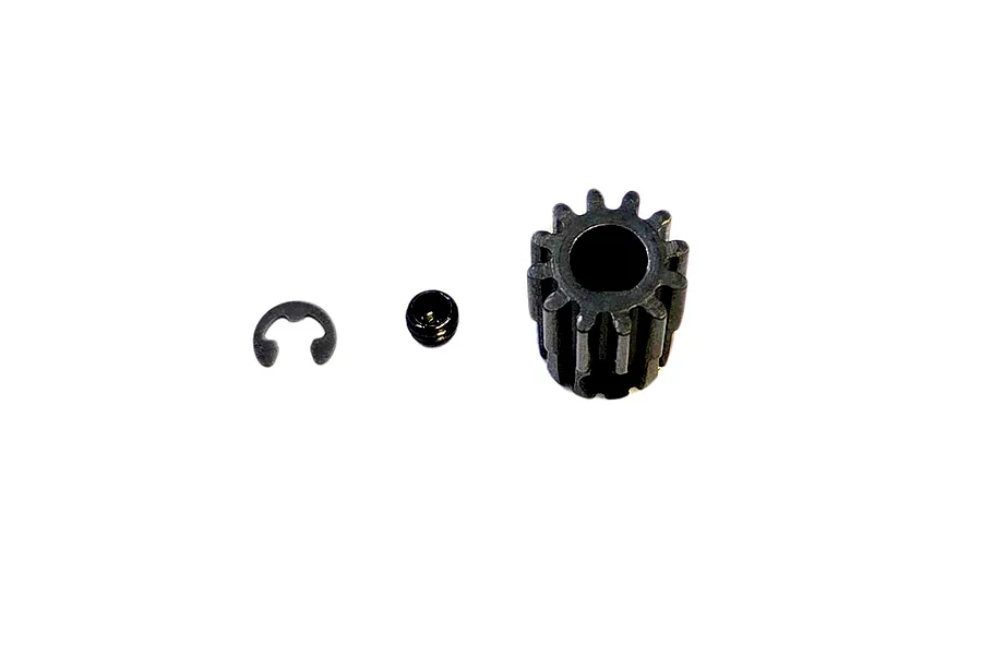 MJX RC 12T pinion gear set including a small metal gear, set screw, and e-clip on white background.