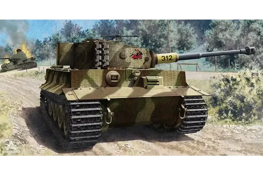 Painted artwork of a German Tiger I late version tank on a dirt road with a burning tank in the background.