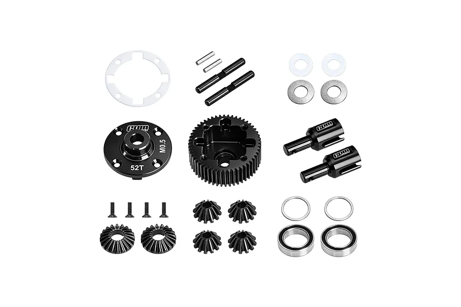 GPM Racing 40Cr steel 52T complete rear differential components laid out flat on a clean white background.