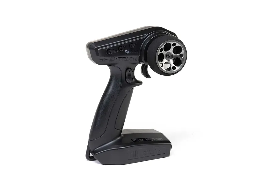 Spektrum RC transmitter installed with an aluminium wide circle gunmetal grey wheel accessory against a white background.