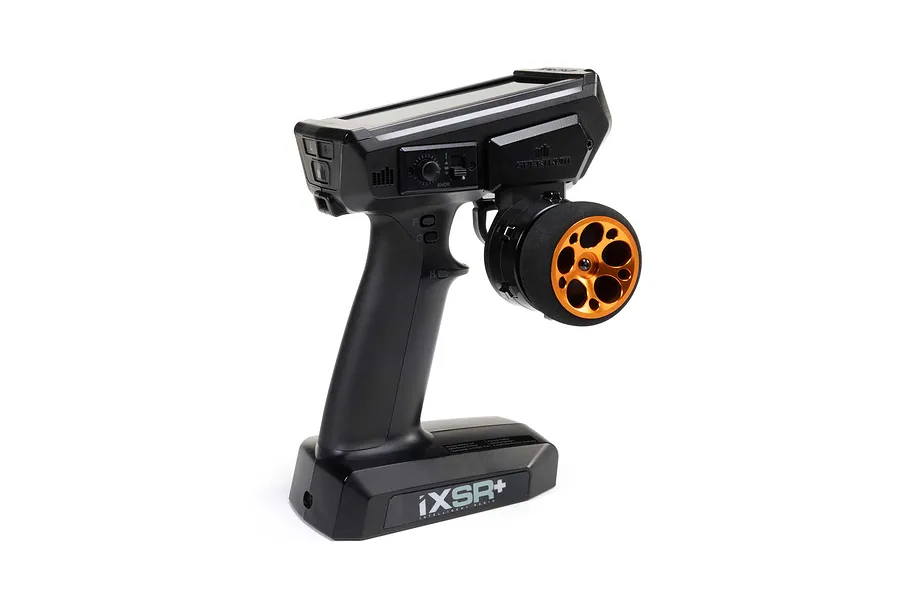 Spektrum iXSR+ radio controller equipped with an orange aluminium wide circle steering wheel attachment.