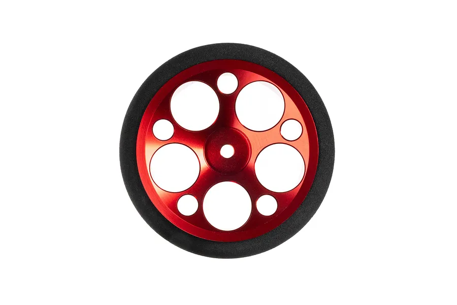 Red anodized aluminium wide circle transmitter wheel with black foam grip, viewed straight on against a white background.