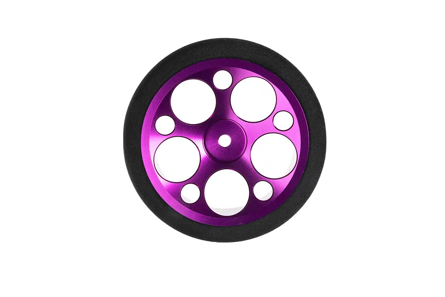 Spektrum aluminium wide circle transmitter wheel in purple with black foam grip on a white background.