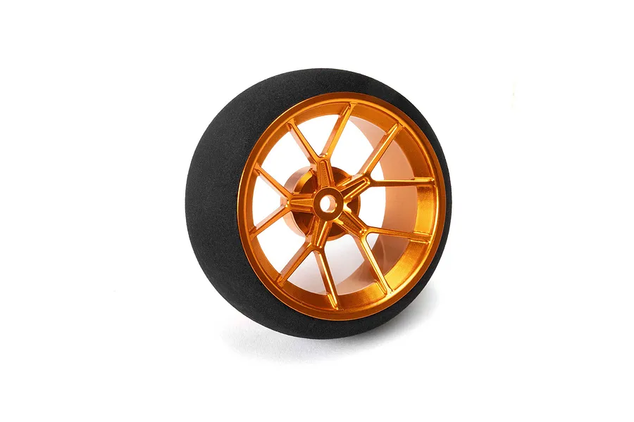 Spektrum orange aluminium wide spoke transmitter wheel with a black foam tyre on a white background.