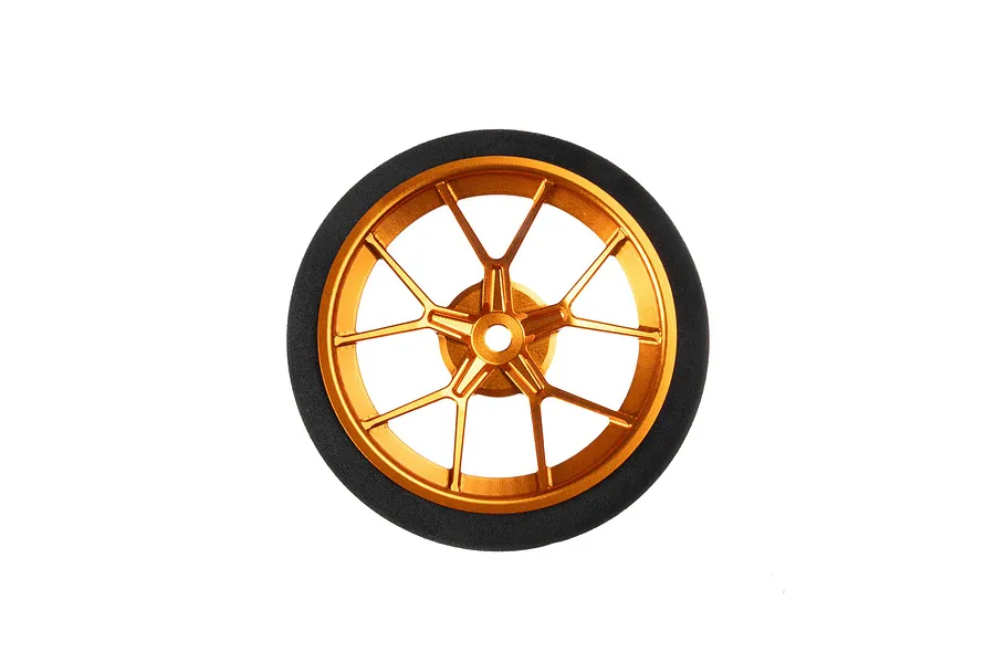 Spektrum orange aluminium wide spoke transmitter wheel with a black foam grip isolated on white.