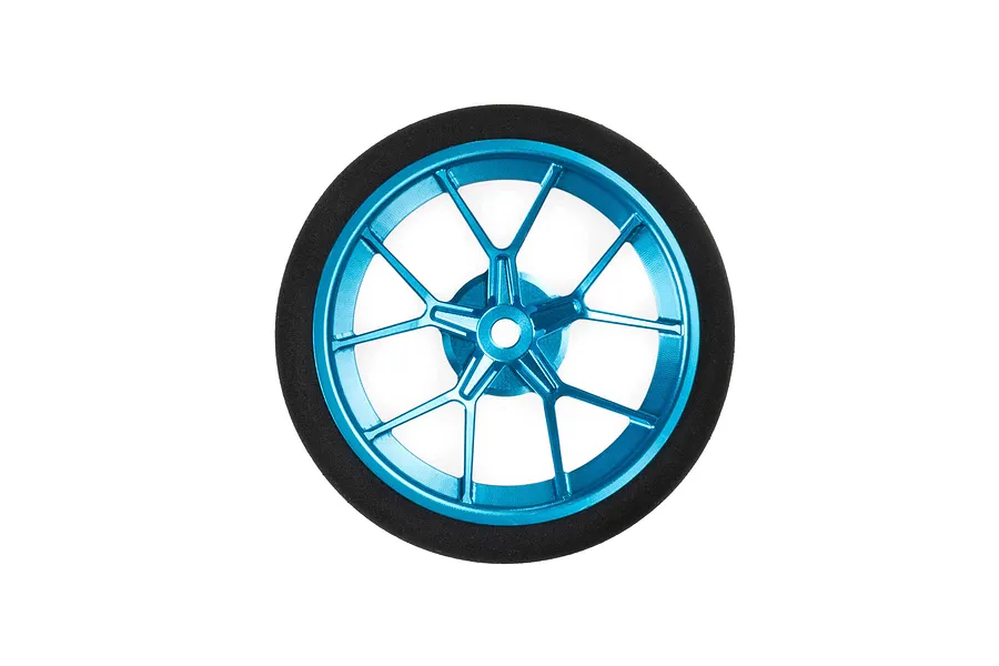 Spektrum blue aluminium wide spoke RC transmitter wheel with black foam grip on white background.