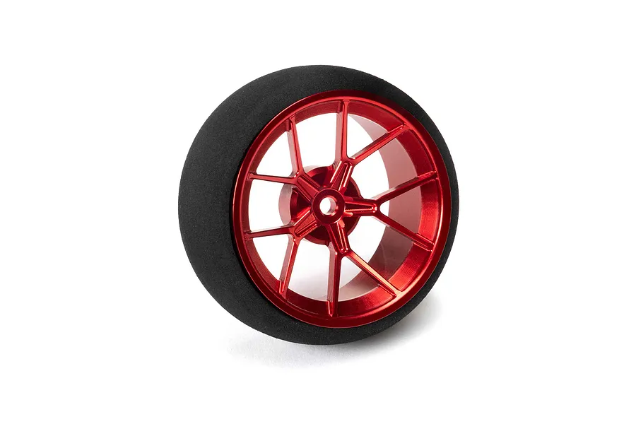 Spektrum red aluminium wide spoke transmitter wheel with a black foam grip isolated on a white background.