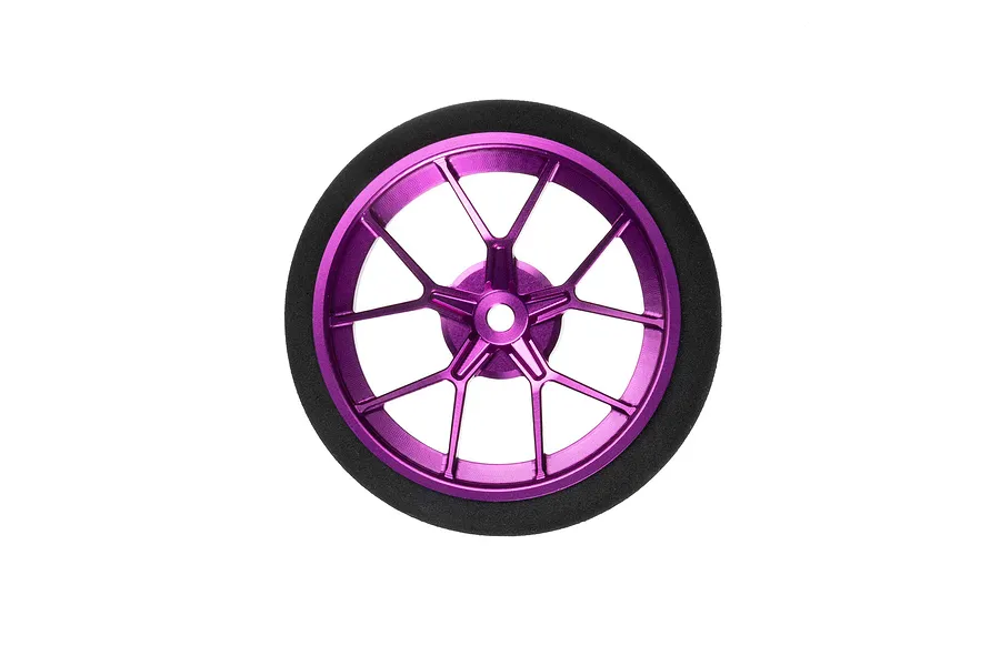 Purple aluminium wide spoke transmitter wheel with black foam grip isolated on a white background.
