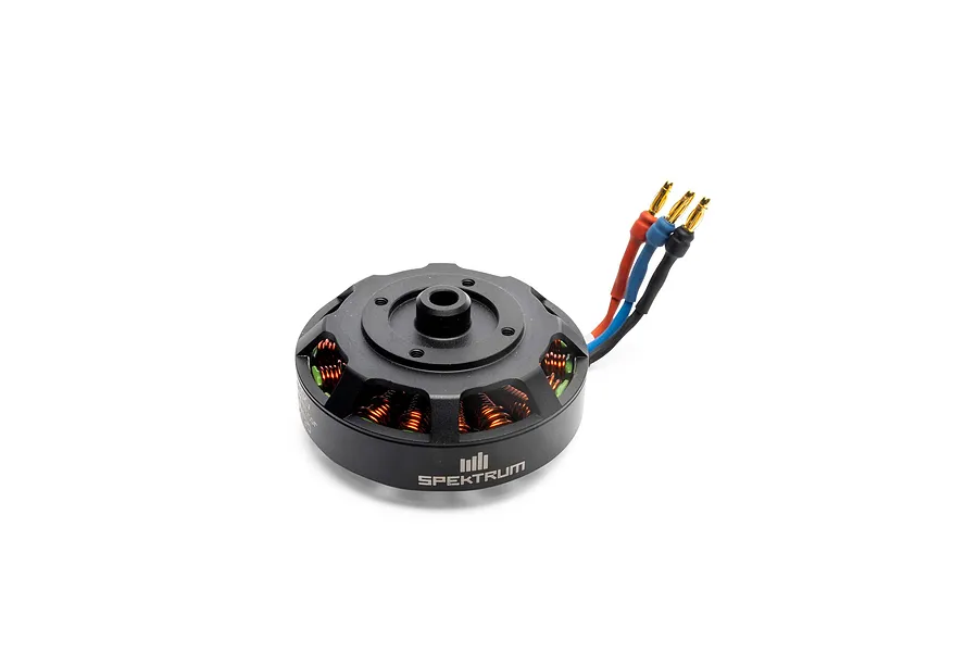Spektrum brushless outrunner motor against a white background, featuring exposed copper windings and three colored wires with bullet connectors.