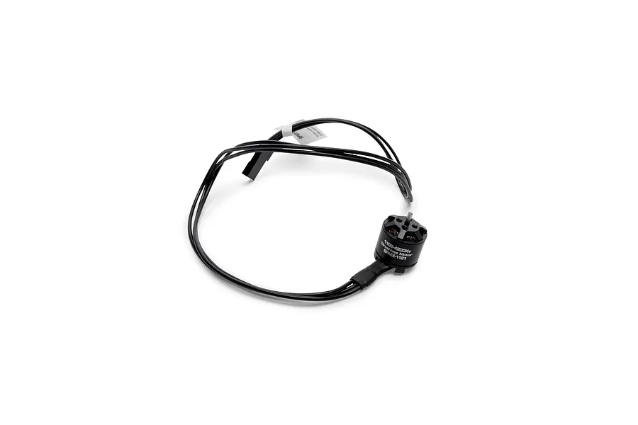 Spektrum 1106-4200KV brushless outrunner motor with attached black wires and connector on a white background.