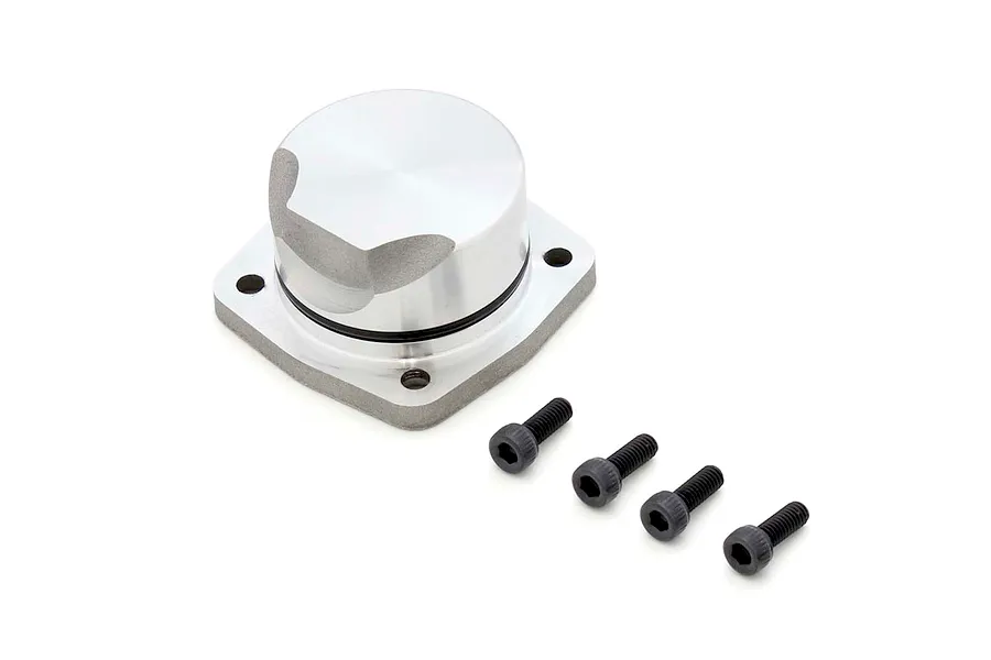 Kyosho engine back plate with rubber o-ring seal and four matching black socket head cap screws on a white background.